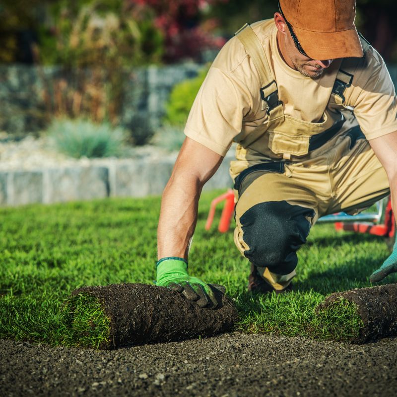 A man installing artificial grass